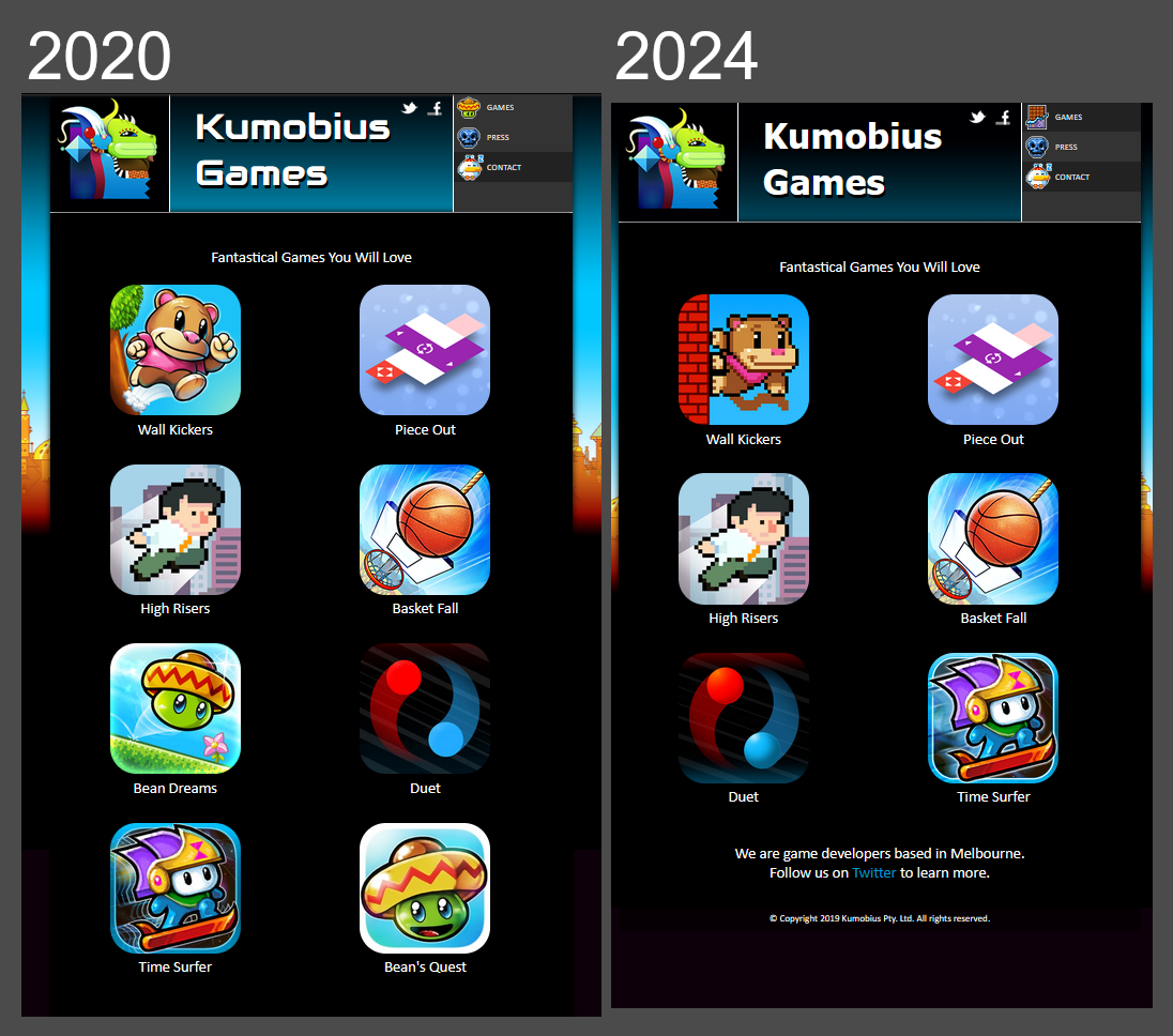 The Kumobius website in 2020 vs 2024. In the 2024 version, Bean's Quest and Bean Dreams are missing from the webpage.