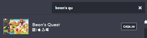 Bean's Quest appearing in the Humble Store search bar